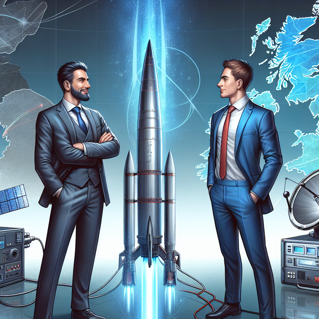 "Jeff Bezos and Elon Musk competing in satellite broadband market: a visual representation of the rivalry between Amazon's Project Kuiper and SpaceX's Starlink in the UK telecom industry."