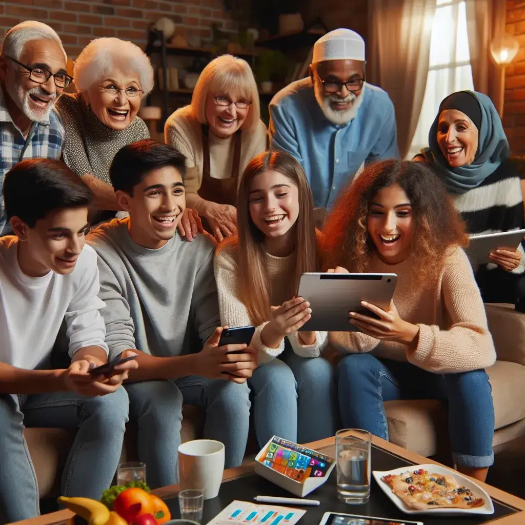"Family enjoying a lively Disney+ movie night, participating in interactive trivia and polls on screen for an engaging viewing experience."