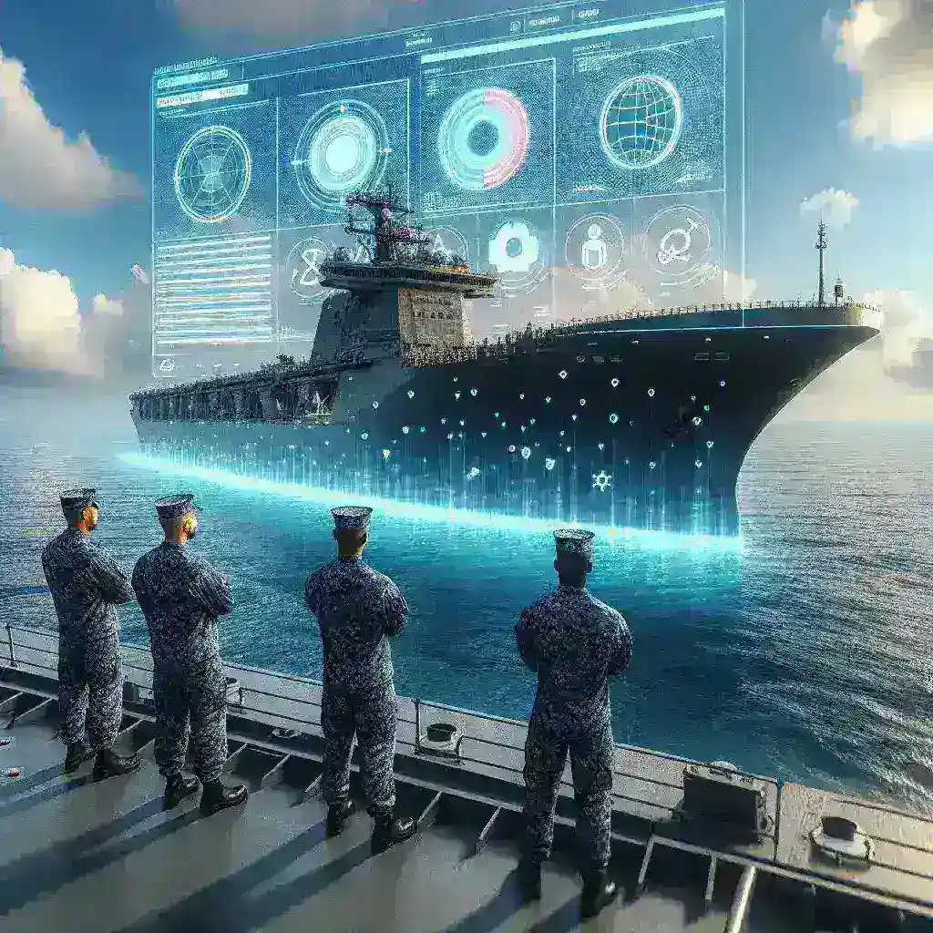 "U.S. Navy sailors monitoring AI-powered navigation systems aboard a modern naval ship, showcasing advanced safety technology for maritime operations."